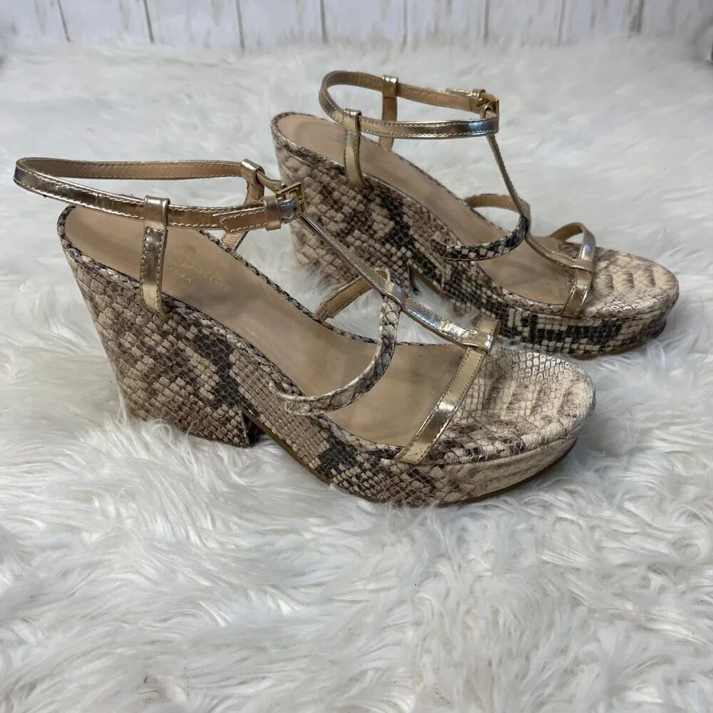 Kate Spade Venezia Heels 7.5 Tan Snake Print Strappy Platform Open Toe Italy